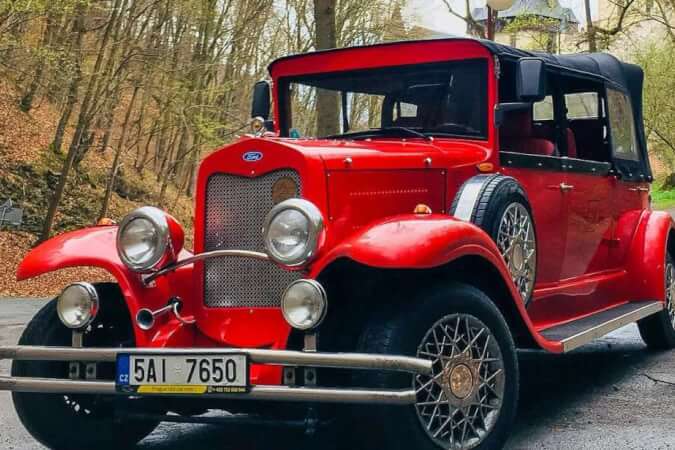 Fairytale Karlstejn Castle in Retro-Style Car